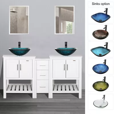 60  White Bathroom Vanity W/Tempered Glass Vessel Sink Cabinet Single Wood Top • $629.99