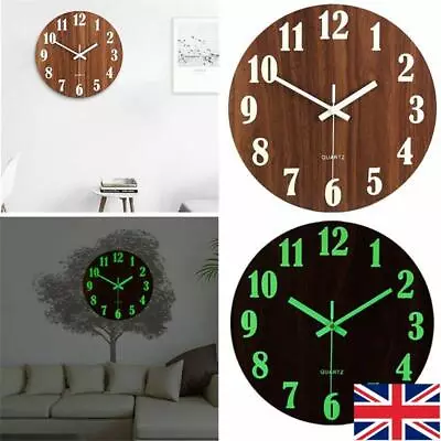 £11.59 • Buy 12  Wooden Luminous Wall Clock Glow In The Dark Night Light Silent Quartz Clocks