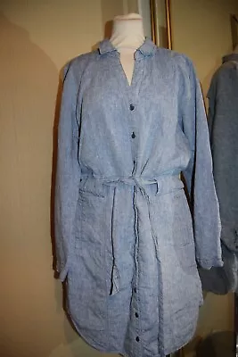 Jigsaw Shirt Dress 18 Chambray 100% Linen Pockets Belted Safari Cargo Roll Tab • £14.99