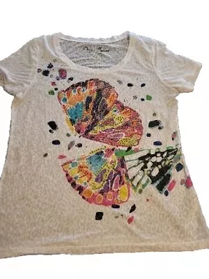 Womens Onque Casuals Multicolor Butterflies  Beaded Scoop Neck T Shirt Size S • $8