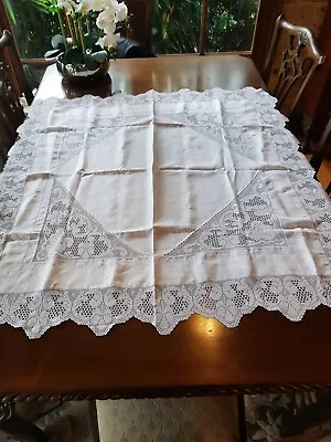 Antique 1920's 115cm White Mary Card ? Pansy Filet Crochet Linen Tablecloth • $175