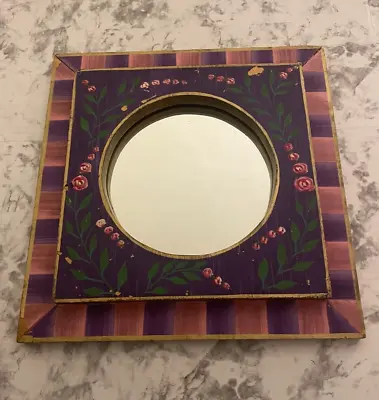 Vintage Hand Painted Floral Mirror Checker Design Chunky Framed Raised Circular • $35