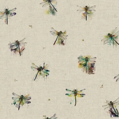 Cotton Rich Linen Look Fabric Digital Watercolour Dragonflies Insect 140cm Wide • £5.40