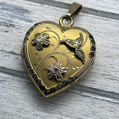 Vintage 12K Gold Fill Heart Shaped Etched Floral Locket Pendant Rhinestones HFB • $99.99