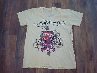 Men's Ed Hardy Christian Audigier YELLOW BEAUTIFUL LOVE V-NECK T-Shirt LG VINT! • $14