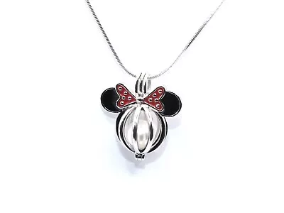 Minnie Mouse Pendant Pearl Necklace Sterling Silver Charm Holds Gem Jewelry AOS • $42