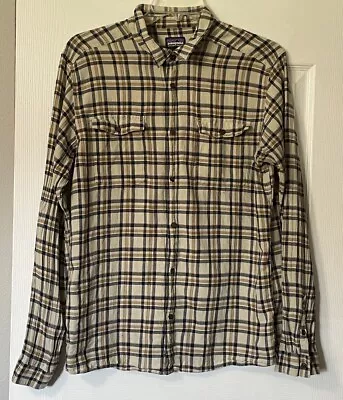 Patagonia Shirt Men Extra Large Tan Blue Plaid Steersman Long Sleeve Pockets • $24.98