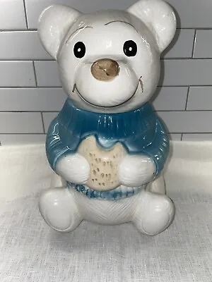 Adorable Vintage Blue Sweater Teddy Bear Cookie Jar By Welcome Taiwan ~ 12  Tall • $25