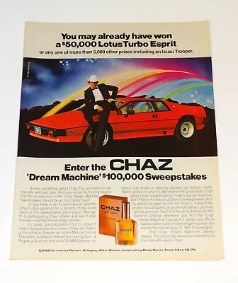$5.99 • Buy 1985 Lotus Turbo Esprit Print Ad CHAZ Cologne