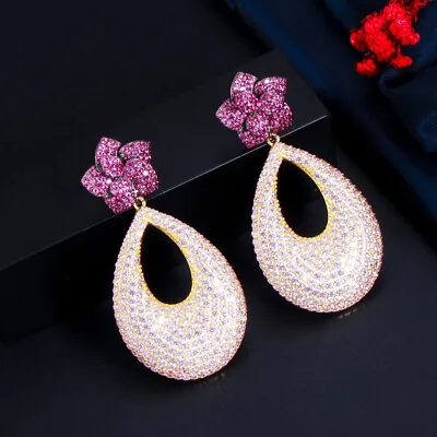 Rose Red CZ Paved Flower Round Drop Dangle Women Pure 925 Silver Long Earrings • $14.90
