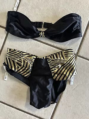 VTG Pierre Cardin Women Med 8 Gold Black Hi Cut Waist Bikini Bottom Top 90s 80s • $56