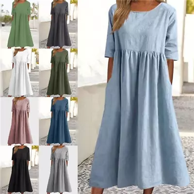 Womens Short Sleeve Pleated Midi Dress Ladies Casual Baggy Solid Swing Dresses • $26.99