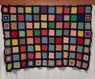 Vintage Handmade Granny Square Black Crocheted Afghan Throw Blanket 45x72  • $19.99