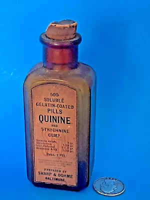 Antique Medicine Amber Glass Bottle Sharp & Dohme Quinne Pills Paper Label Cork • $63.74