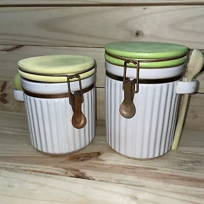 Set Of 2 Vintage Alco Industries Kitchen Airtight White Ceramic Canisters W/spns • $19.50