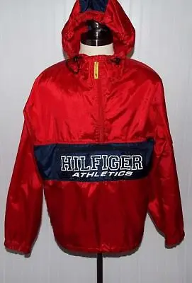 Men's 90's Vintage XL Tommy Hilfiger Athletics Anorak Hoodie Jacket 1/4 Zip Red • $21.62
