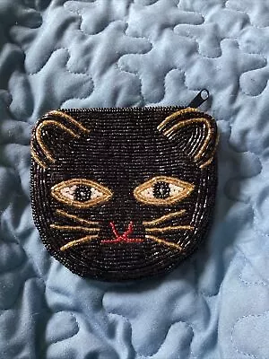 Black Cat Glass Beaded Kitten Kitty Zip Lined Change Coin Purse 4 X 4  • $11