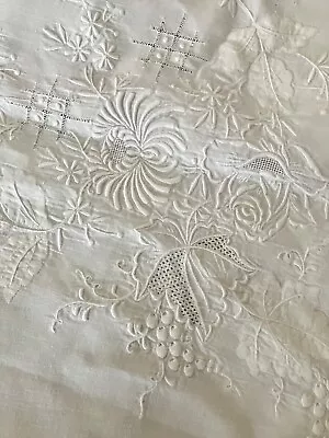 Vintage Italian White Linen Banquet Tablecloth Hand Embroidered 68 In X 164 In • $250