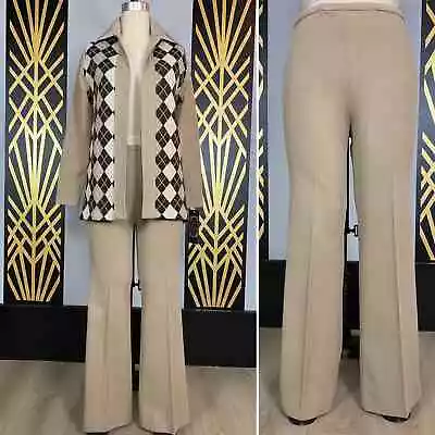 1970s Pantsuit Tan Polyester Argyle Vintage Pantsuit Jacket And Pants Mod • $82