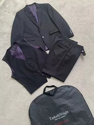 T&W Black Pinstripe 3 Piece Suit - Jacket 40S Waistcoat M Trousers 34R • £16