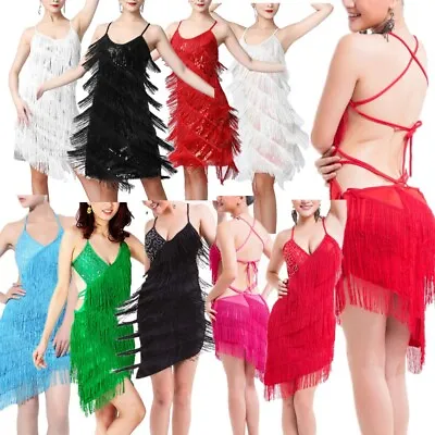 Lady V-neck Sequins Tassels Dress Ballroom Samba Rumba Tango Latin Dance Costume • £34.74