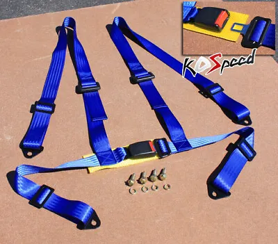 Universal 2  Strap 4-pt -point Blue Nylon Racing Seat Belt Buckle Harness Safety • $25.35