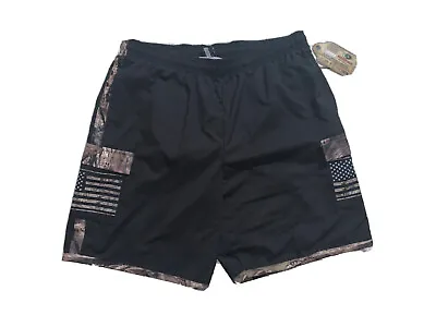 L Men Mossy Oak Drawstring Mesh Lined Swim Trunks Black Camo Flag W Side Pockets • $17.98