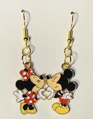 Gold Mickey & Minnie Mouse Making Love Heart ❤ Hand Sign Drop Dangle Earrings!! • $9