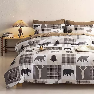 - Rustic Patchwork Comforter Set Lodge Woodland Wildlife Bear Moose Elk Pine Tr • $116.59