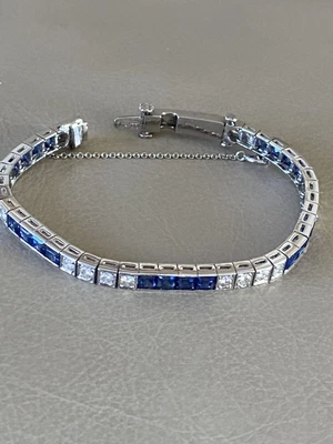 $182.99 • Buy 14k Gold Plated 11ct Simulated Sapphire & Simulated Diamond Tennis Bracelet