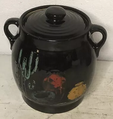 Vintage Stoneware Glazed Pottery Cookie Jar Western Motif Black Cactus Desert • $40.45