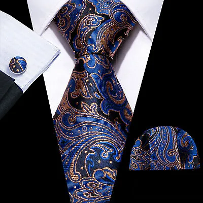 Mens Silk Tie Blue Paisley Solid Necktie Pocket Square Cufflinks Set Formal Tie • £9.59