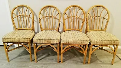 Set Of 4 Vintage Bamboo Rattan Wicker Cane Upholstered Dining Chairs Mid Century • $349