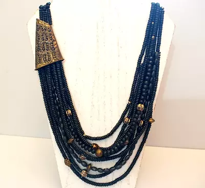 Vintage Boho Necklace Beaded W Tooled Brass Asymmetrical Ethnic Tribal • $18