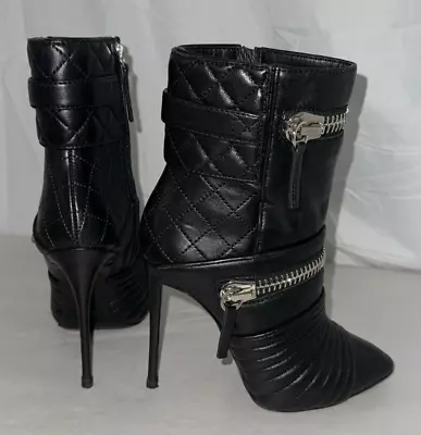 US 5❤️  Giuseppe Zanotti Black Real Leather High Heel Biker Ankle Boots Bootie • $155