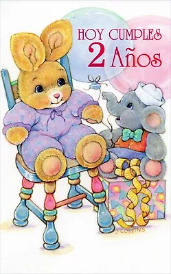 Spanish 2ND BIRTHDAY Card FOR 2 YEAR OLD  Bunny & Elephant By Magic Moments + ✉ • £4.74