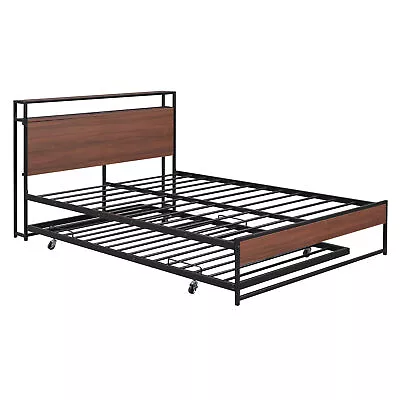 Full Size Metal Platform Bed Frame With Trundle & USB Ports Storage Headboard US • $263.89