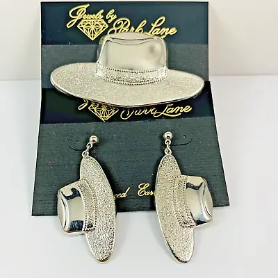 Vintage PARK LANE Silver Tone FEDORA HAT Dangle Pierced Earrings & Brooch Set • $19.99