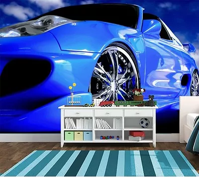 Blue Sports Car Photo Wallpaper Wall Mural Kids Bedroom 254x183cm • £42.99