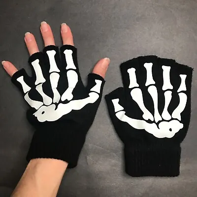 Skeleton Fingerless Gloves Black White Bone Knit Wrist Length Biker Skull Mens • $22