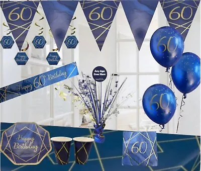 60th Birthday Age 60 Navy Blue Gold Party Decorations Bunting Banners Balloons • £6.75