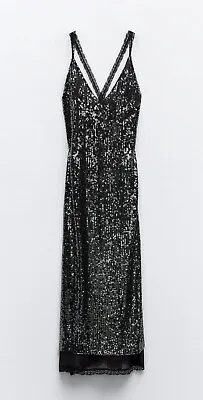 Zara CHARCOAL GREY Sequin Women’s Midi Dress - LARGE -New NWT Clothes Shiny • $60