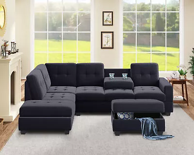 L-Shaped Couch Sectional Sofa Reversible With Storage Ottoman And Cup Holders • $1437