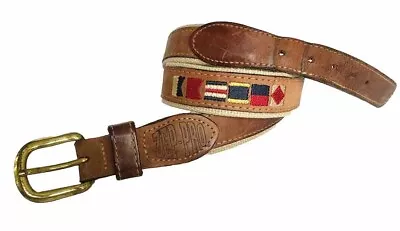 Zep Pro 36 Leather Canvas Nautical Flags Beige Belt Brass Buckle Embroidered • $18