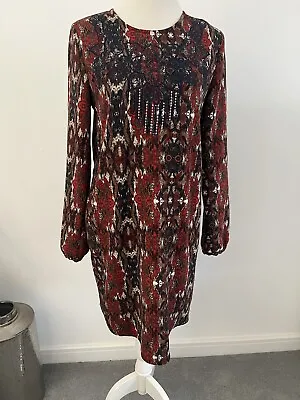 Anthropologie Greylin Red Navy Textured Tapestry Tunic Shift Dress Winter  M • £14.50