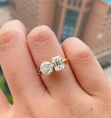 Round & Emerald Cut Moissanite Ring Toi Et Moi 10K Yellow Gold Ring For Women • $491.99