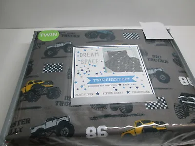 Dream Space  MONSTER BIG TRUCKS Twin Sheeet Set ~ Gray White Yellow Black BLue  • $36.98