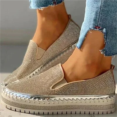 Womens Diamante Studded Flat Trainers Casual Sneakers Slip On Pointed Shoes • $38.99