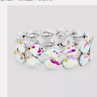 Ab Silver Stretch Rhinestone Crystal Pageant Evening Clear Bracelet Teardrop • $15