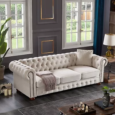 Living Room Couch Linen Fabric Big Comfy Sofa Tufted Furniture 3 Seat 88'' Beige • $799